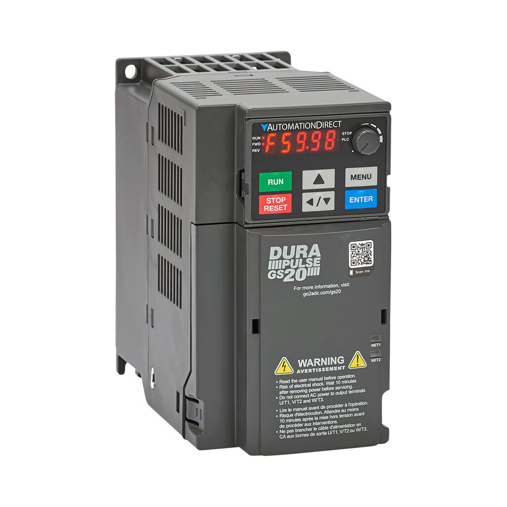 GS23-23P0 - DURApulse GS20 series AC general purpose drive, enclosed, 230 VAC, 3hp with 3-phase input, 1-1/2hp with 1-phase input, SVC, V/Hz, FOC or torque mode, C frame, RS-485, integrated dynamic braking. Optional EtherNet/IP and Modbus TCP card...