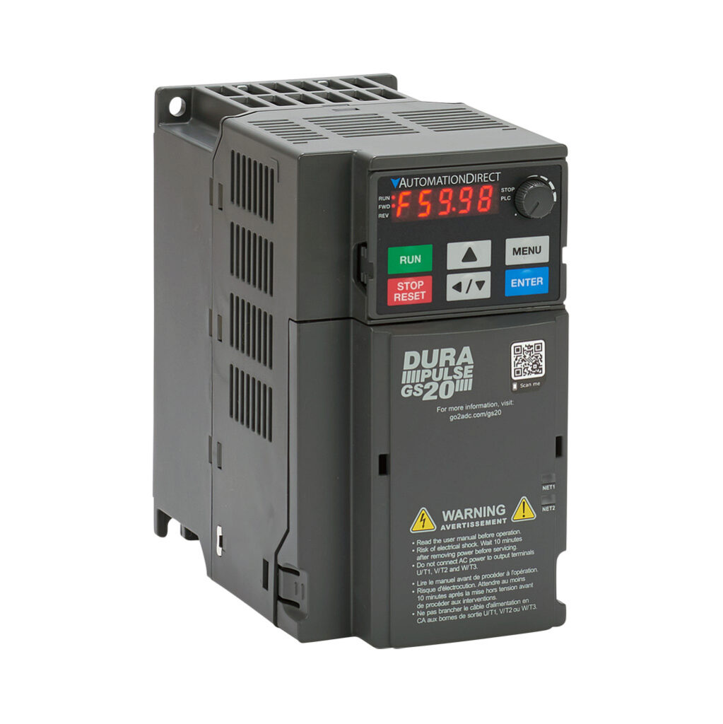 GS23-25P0 - DURApulse GS20 series AC general purpose drive, enclosed, 230 VAC, 5hp with 3-phase input, 2-1/2hp with 1-phase input, SVC, V/Hz, FOC or torque mode, C frame, RS-485, integrated dynamic braking. Optional EtherNet/IP and Modbus TCP card...