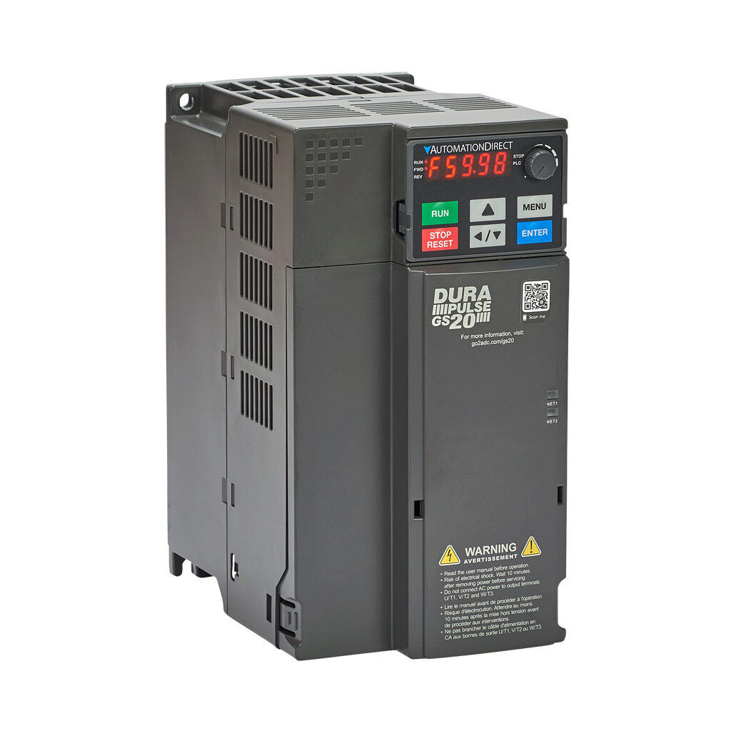 GS23-27P5 - DURApulse GS20 series AC general purpose drive, enclosed, 230 VAC, 7-1/2hp with 3-phase input, 3-1/2hp with 1-phase input, SVC, V/Hz, FOC or torque mode, D frame, RS-485, integrated dynamic braking. Optional EtherNet/IP and Modbus TCP ...