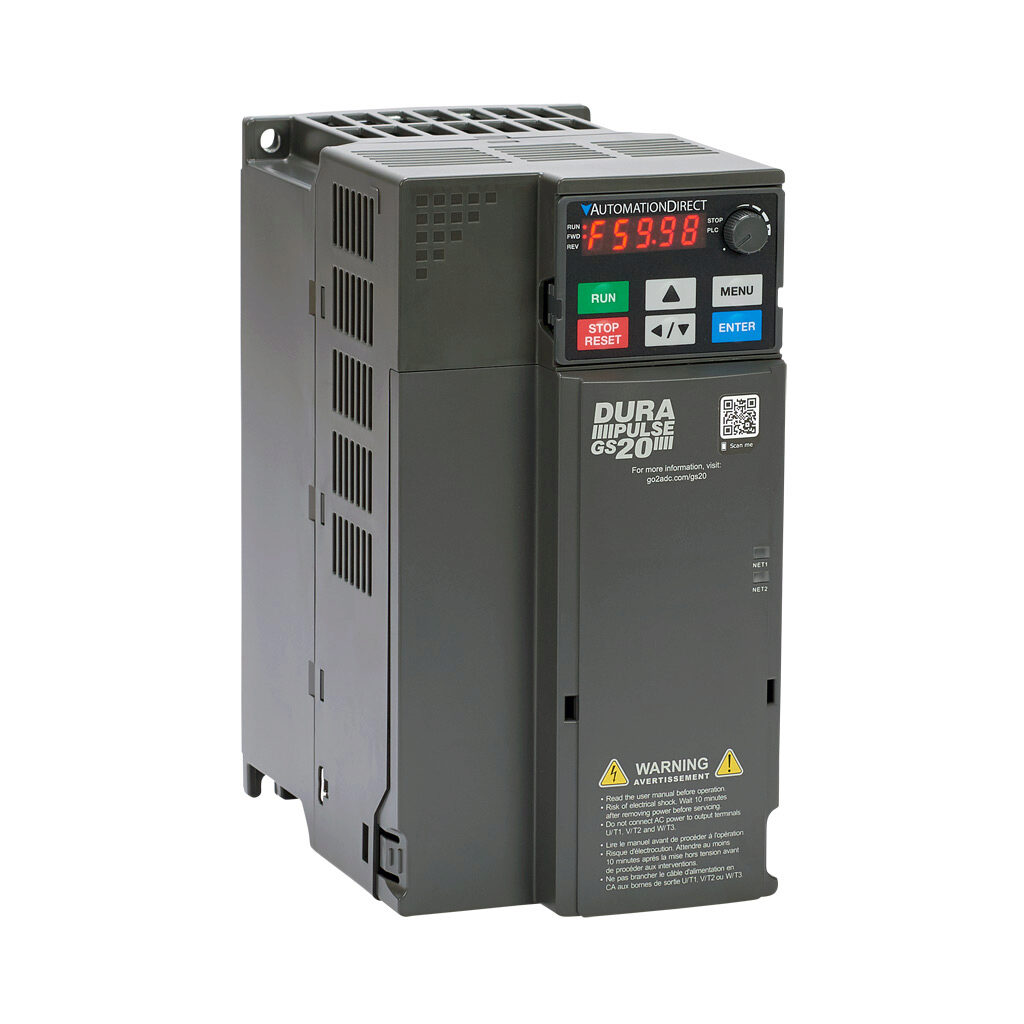 GS23-4010 - DURApulse GS20 series AC general purpose drive, enclosed, 460 VAC, 10hp with 3-phase input, SVC, V/Hz, FOC or torque mode, D frame, RS-485, integrated dynamic braking. Optional EtherNet/IP and Modbus TCP card available.