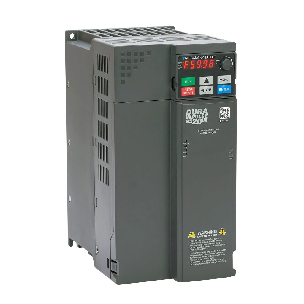 GS23-4020 - DURApulse GS20 series AC general purpose drive, enclosed, 460 VAC, 20hp with 3-phase input, SVC, V/Hz, FOC or torque mode, E frame, RS-485, integrated dynamic braking. Optional EtherNet/IP and Modbus TCP card available.