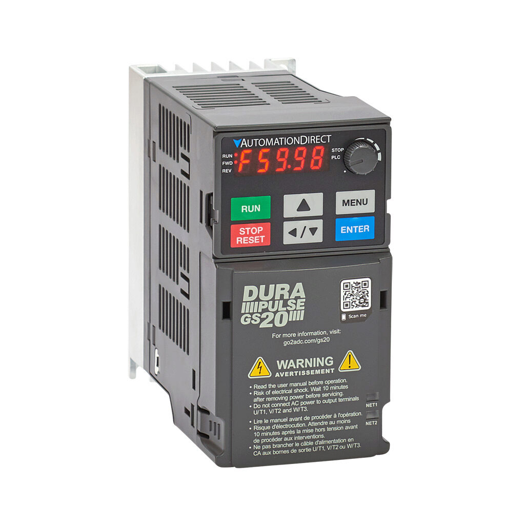 GS23-40P5 - DURApulse GS20 series AC general purpose drive, enclosed, 460 VAC, 1/2hp with 3-phase input, SVC, V/Hz, FOC or torque mode, A4 frame, RS-485, integrated dynamic braking. Optional EtherNet/IP and Modbus TCP card available.