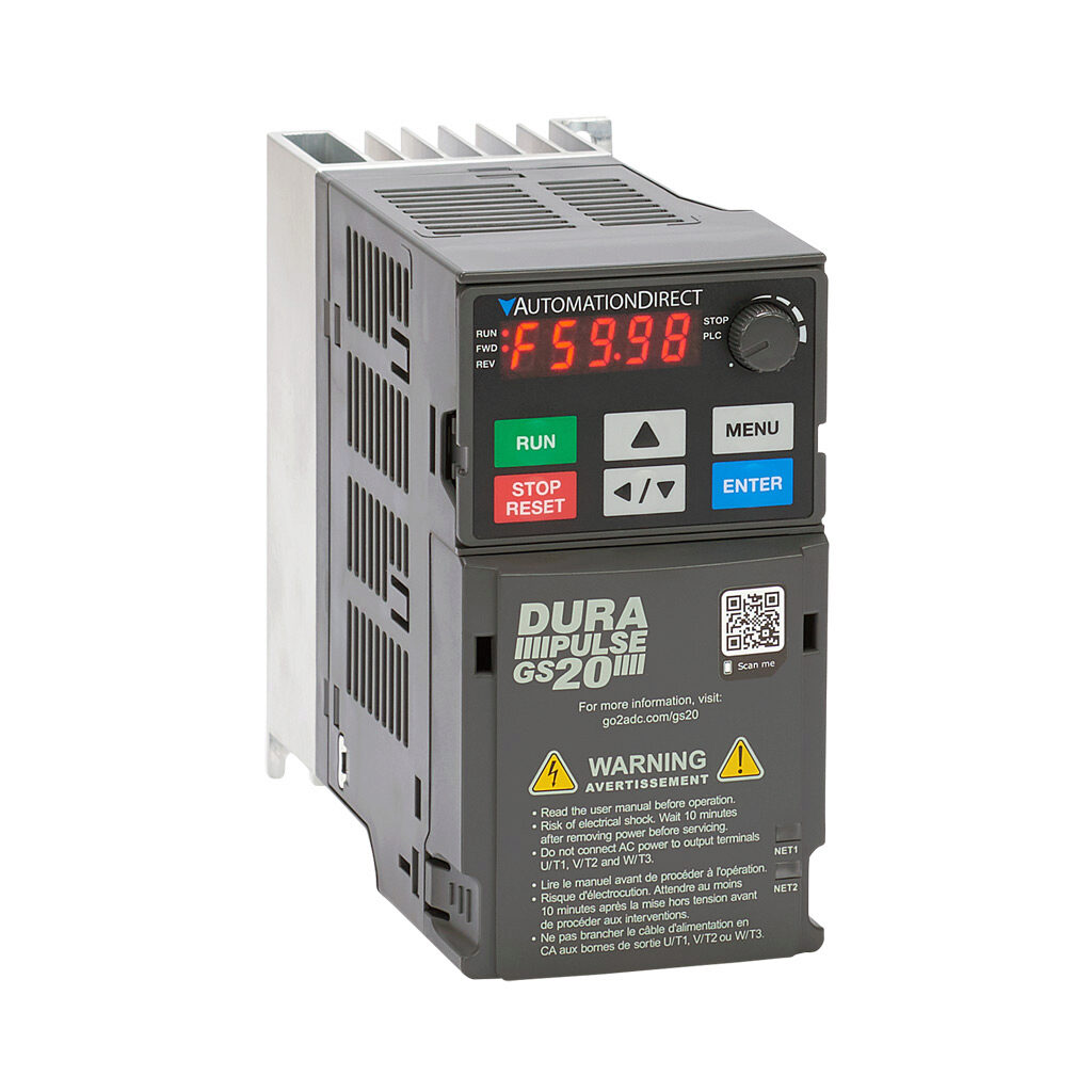 GS23-41P0 - DURApulse GS20 series AC general purpose drive, enclosed, 460 VAC, 1hp with 3-phase input, SVC, V/Hz, FOC or torque mode, A5 frame, RS-485, integrated dynamic braking. Optional EtherNet/IP and Modbus TCP card available.