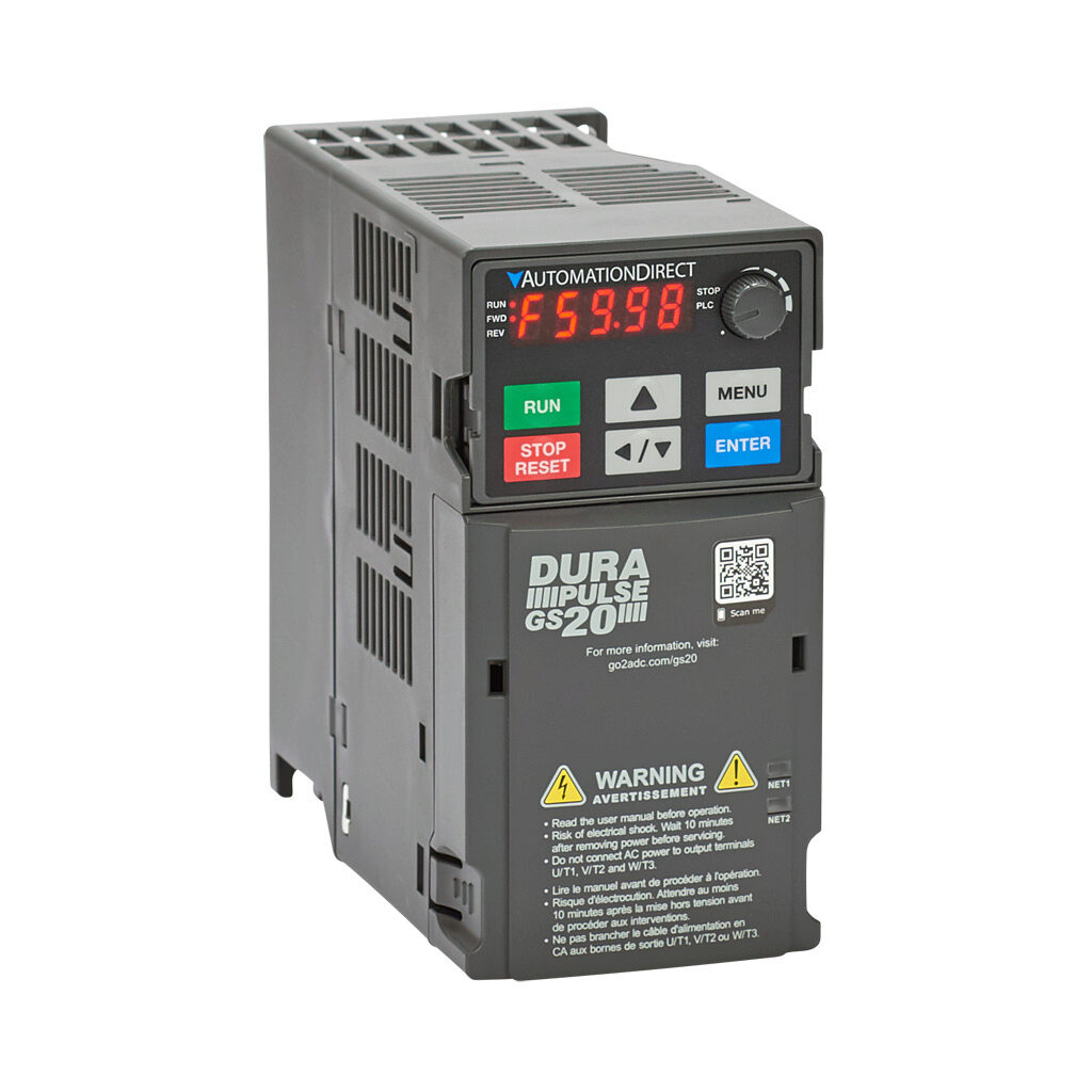 GS23-42P0 - DURApulse GS20 series AC general purpose drive, enclosed, 460 VAC, 2hp with 3-phase input, SVC, V/Hz, FOC or torque mode, B1 frame, RS-485, integrated dynamic braking. Optional EtherNet/IP and Modbus TCP card available.
