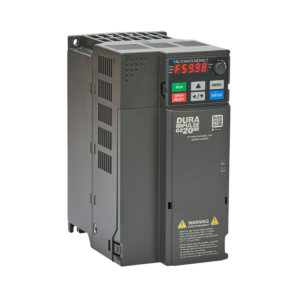 GS23-5010 - DURApulse GS20 series AC general purpose drive, enclosed, 575 VAC, 10hp with 3-phase input, SVC, V/Hz, FOC or torque mode, D frame, RS-485, integrated dynamic braking. Optional EtherNet/IP and Modbus TCP card available.