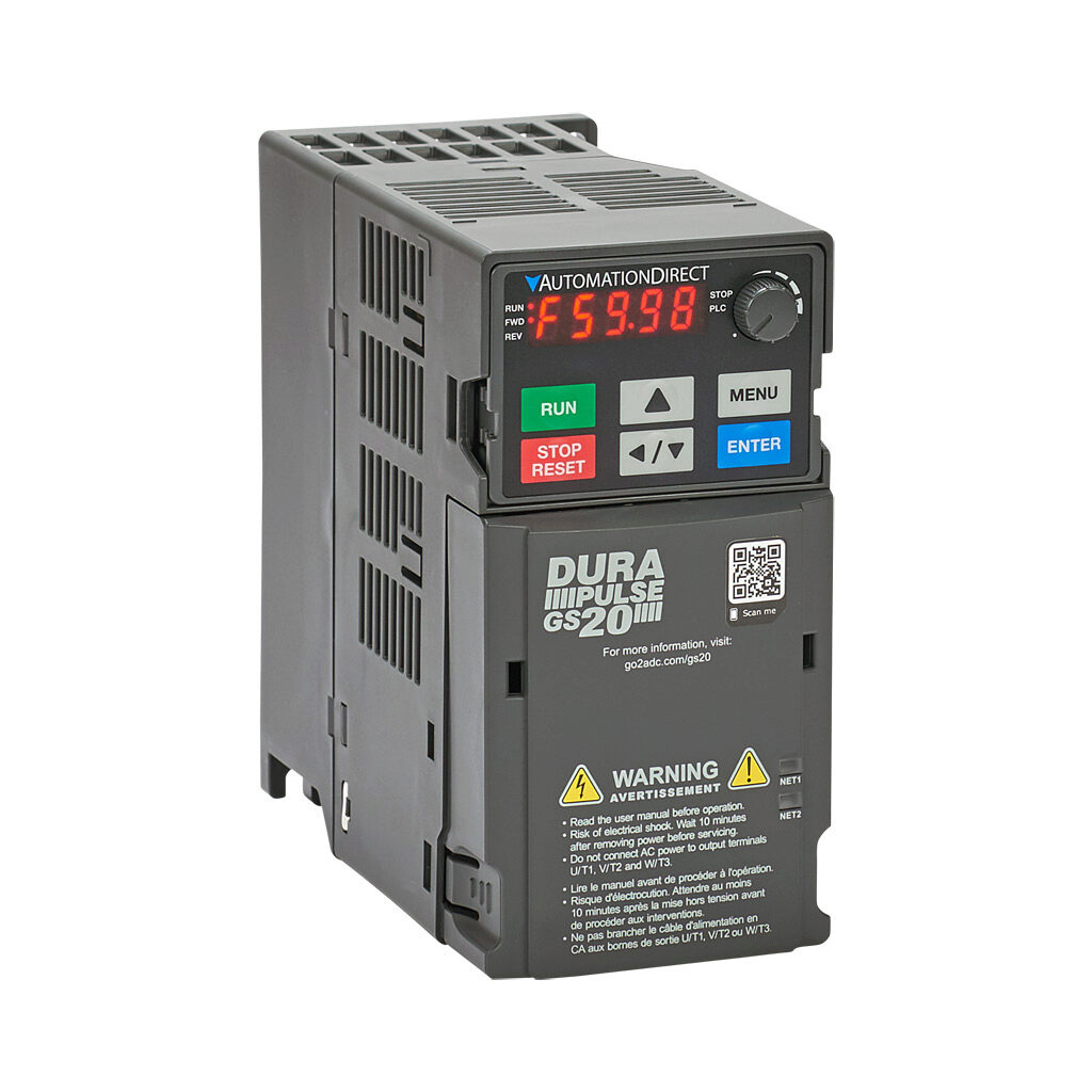 GS23-52P0 - DURApulse GS20 series AC general purpose drive, enclosed, 575 VAC, 2hp with 3-phase input, SVC, V/Hz, FOC or torque mode, B1 frame, RS-485, integrated dynamic braking. Optional EtherNet/IP and Modbus TCP card available.