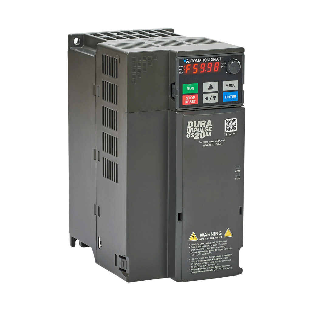 GS23-57P5 - DURApulse GS20 series AC general purpose drive, enclosed, 575 VAC, 7-1/2hp with 3-phase input, SVC, V/Hz, FOC or torque mode, D frame, RS-485, integrated dynamic braking. Optional EtherNet/IP and Modbus TCP card available.
