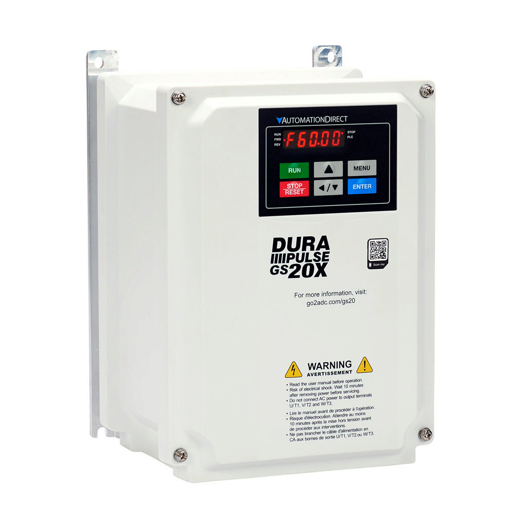 GS23X-21P0 - DURApulse GS20X series AC general purpose drive, NEMA 4X, 230 VAC, 1hp with 3-phase input, 1/2hp with 1-phase input, SVC, V/Hz, FOC or torque mode, A frame, RS-485, integrated dynamic braking. Optional EtherNet/IP and Modbus TCP card ...