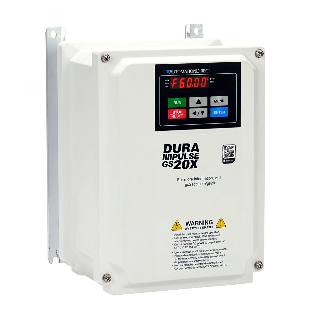 GS23X-22P0 - DURApulse GS20X series AC general purpose drive, NEMA 4X, 230 VAC, 2hp with 3-phase input, 1hp with 1-phase input, SVC, V/Hz, FOC or torque mode, A frame, RS-485, integrated dynamic braking. Optional EtherNet/IP and Modbus TCP card av...