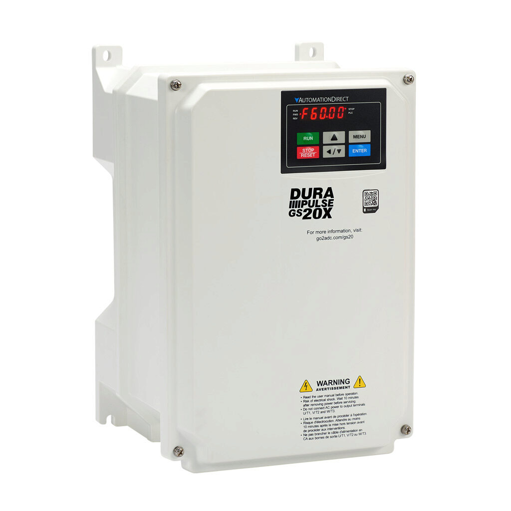 GS23X-27P5 - DURApulse GS20X series AC general purpose drive, NEMA 4X, 230 VAC, 7-1/2hp with 3-phase input, 3-1/2hp with 1-phase input, SVC, V/Hz, FOC or torque mode, C frame, RS-485, integrated dynamic braking. Optional EtherNet/IP and Modbus TCP...