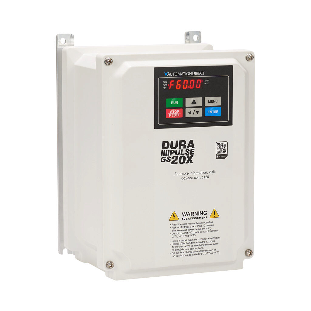 GS23X-40P5 - DURApulse GS20X series AC general purpose drive, NEMA 4X, 460 VAC, 1/2hp with 3-phase input, SVC, V/Hz, FOC or torque mode, A frame, RS-485, integrated dynamic braking. Optional EtherNet/IP and Modbus TCP card available.