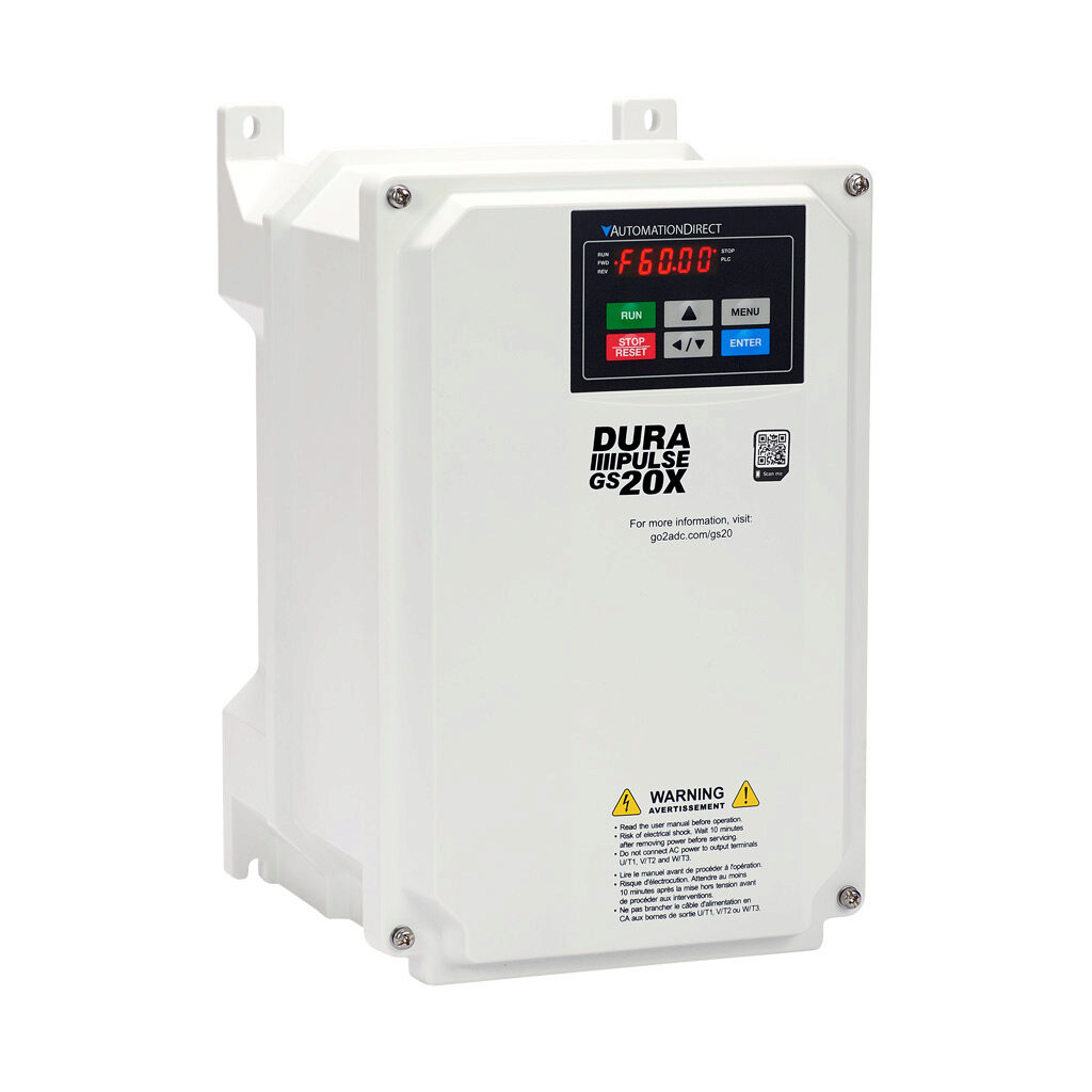 GS23X-45P0 - DURApulse GS20X series AC general purpose drive, NEMA 4X, 460 VAC, 5hp with 3-phase input, SVC, V/Hz, FOC or torque mode, B frame, RS-485, integrated dynamic braking. Optional EtherNet/IP and Modbus TCP card available.