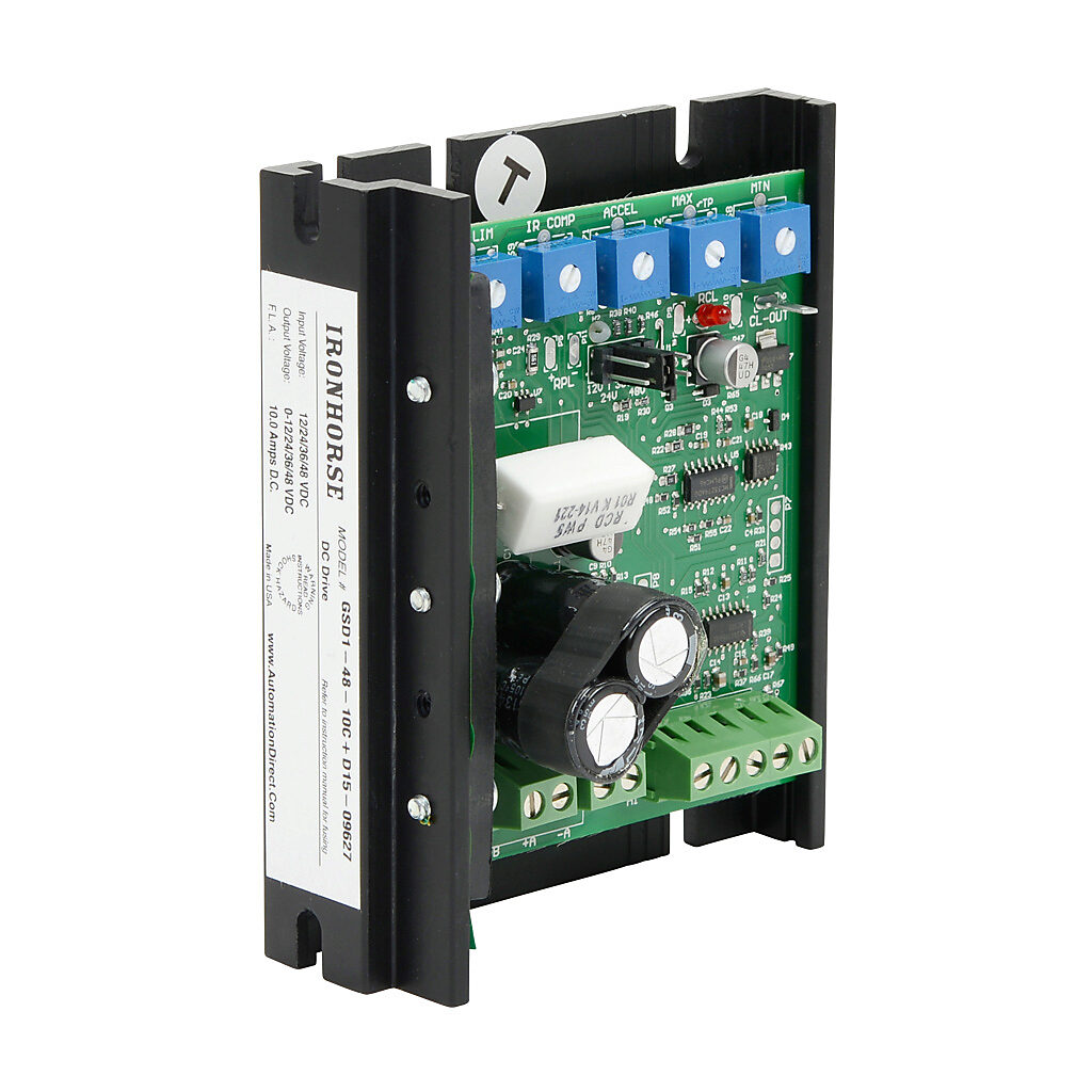 GSD1-48-10C - IronHorse GSD1 series DC full-featured drive, 12-48 VDC, 1-phase, 1/50 to 1/8hp at 12 VDC and 1/12 to 1/2hp at 48 VDC, 10A, open frame, panel mount, field-install reverse, potentiometer input, PWM output.