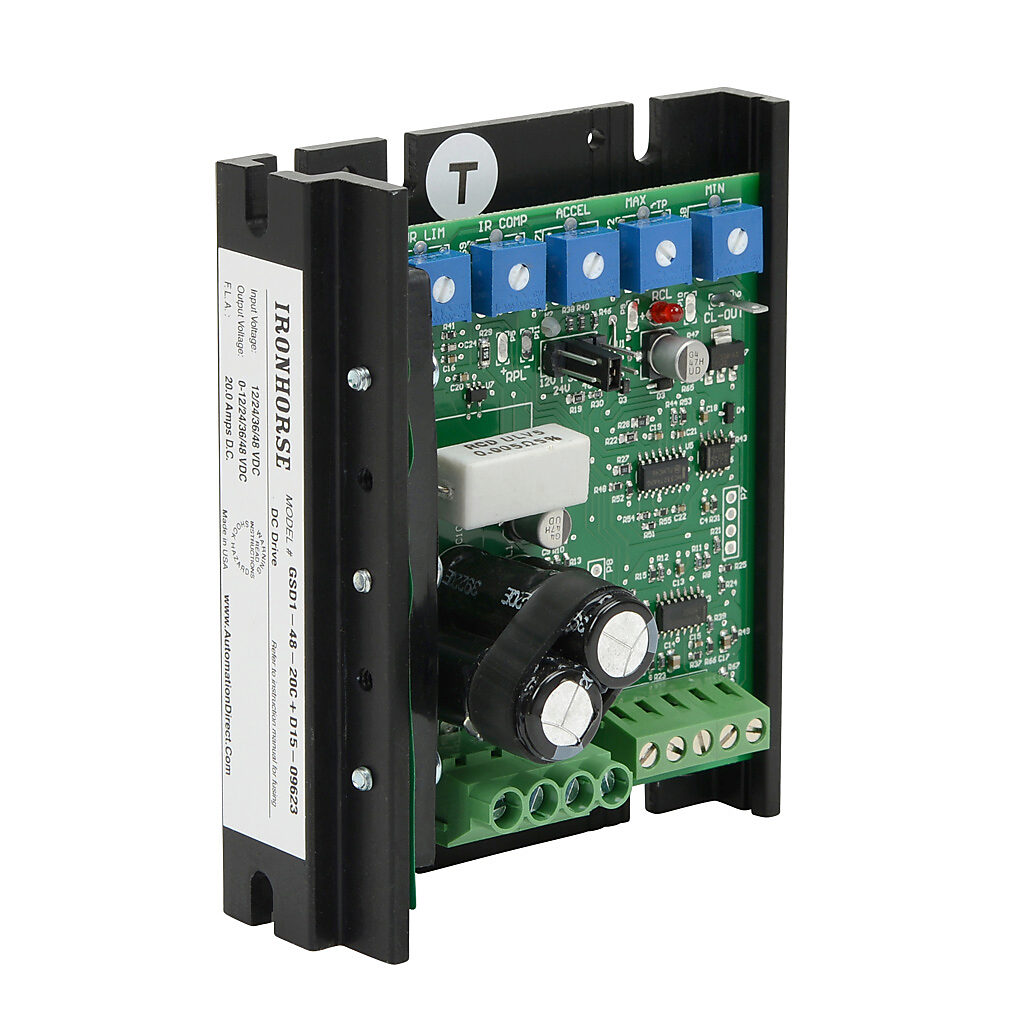GSD1-48-20C - IronHorse GSD1 series DC full-featured drive, 12-48 VDC, 1-phase, 1/50 to 1/4hp at 12 VDC and 1/12 to 1hp at 48 VDC, 20A, open frame, panel mount, field-install reverse, potentiometer input, PWM output.