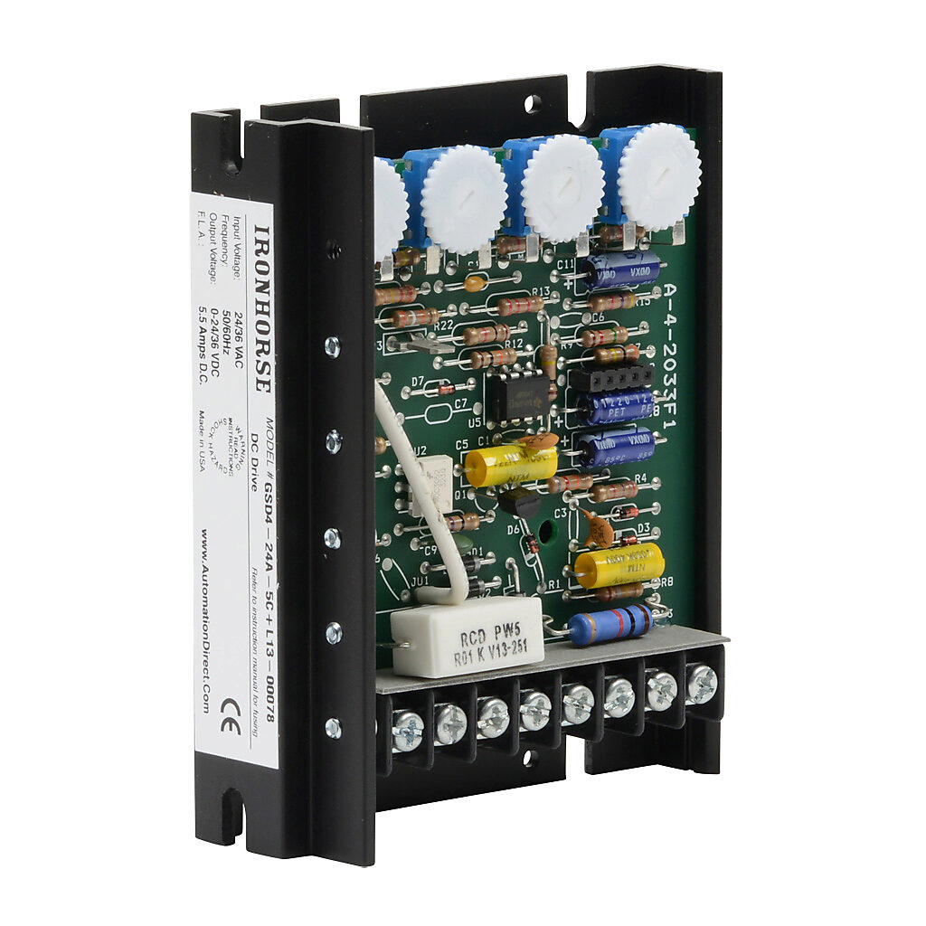 GSD4-24A-5C - IronHorse GSD4 series DC general purpose drive, 24/36 VAC, 1-phase, 1/50 to 1/6hp at 24-36 VDC, 5.5A, open frame, panel mount, field-install reverse, potentiometer input, SCR output.