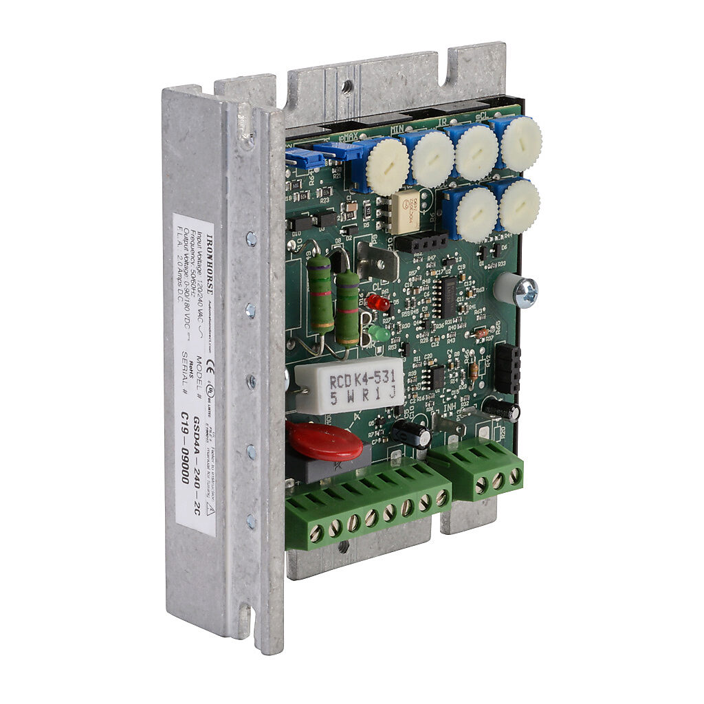 GSD4A-240-2C - IronHorse GSD4A series DC general purpose drive, 120/240 VAC, 1-phase, 1/50 to 1/8hp at 90 VDC and 1/25 to 1/4hp at 180 VDC, 2A, open frame, panel mount, field-install reverse, potentiometer input, SCR output.