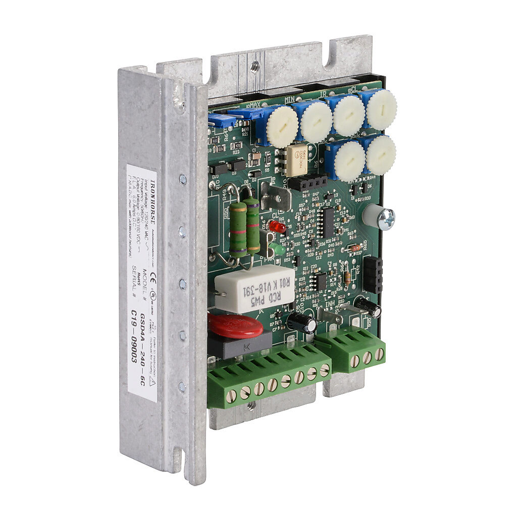 GSD4A-240-6C - IronHorse GSD4A series DC general purpose drive, 120/240 VAC, 1-phase, 1/8 to 1/2hp at 90 VDC and 1/4 to 1hp at 180 VDC, 6A, open frame, panel mount, field-install reverse, potentiometer input, SCR output.