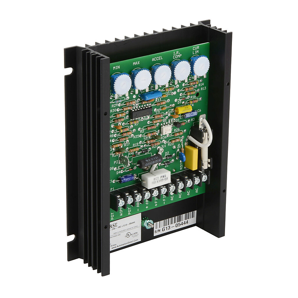 GSD5-240-10C - IronHorse GSD5 series DC general purpose drive, 120/240 VAC, 1-phase, 1/8 to 1hp at 90 VDC and 1/4 to 2hp at 180 VDC, 10.8A, open frame, panel mount, field-install reverse, potentiometer input, SCR output.