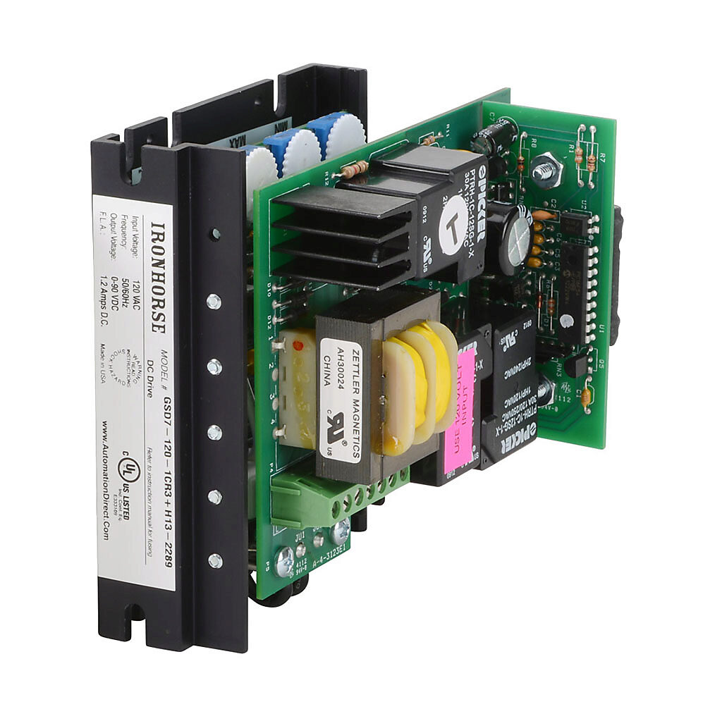 GSD7-120-1CR3 - IronHorse GSD7 series DC reversing drive, 120 VAC, 1-phase, 1/15 to 1/8hp at 90 VDC, 1.2A, open frame, panel mount, built-in reverse, maximum 3 reverses/minute, potentiometer input, SCR output.
