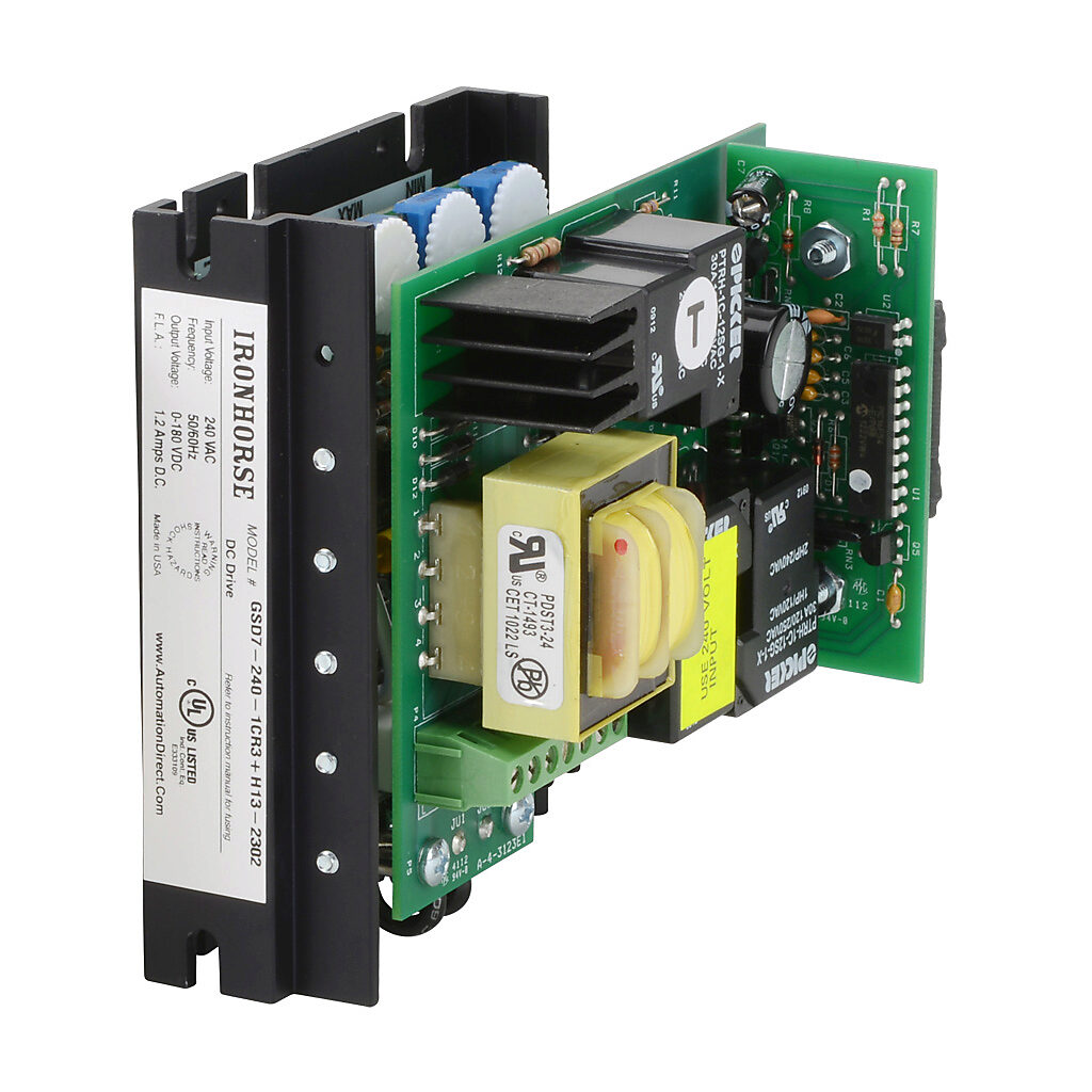 GSD7-240-1CR3 - IronHorse GSD7 series DC reversing drive, 240 VAC, 1-phase, 1/25 to 1/4hp at 180 VDC, 1.2A, open frame, panel mount, built-in reverse, maximum 3 reverses/minute, potentiometer input, SCR output.