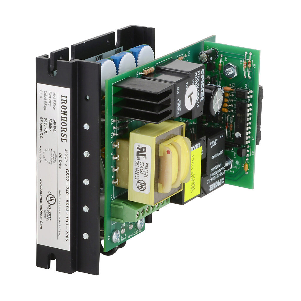 GSD7-240-5CR3 - IronHorse GSD7 series DC reversing drive, 240 VAC, 1-phase, 1/8 to 1hp at 180 VDC, 5.5A, open frame, panel mount, built-in reverse, maximum 3 reverses/minute, potentiometer input, SCR output.