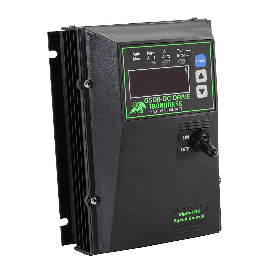 GSD8-240-10N4X - IronHorse GSD8 series DC digital drive, 120/240 VAC, 1-phase, 1hp at 90 VDC and 2hp at 180 VDC, 10A, NEMA 4X, wall mount, field-install reverse, high-speed pulse input, SCR output. Requires encoder.