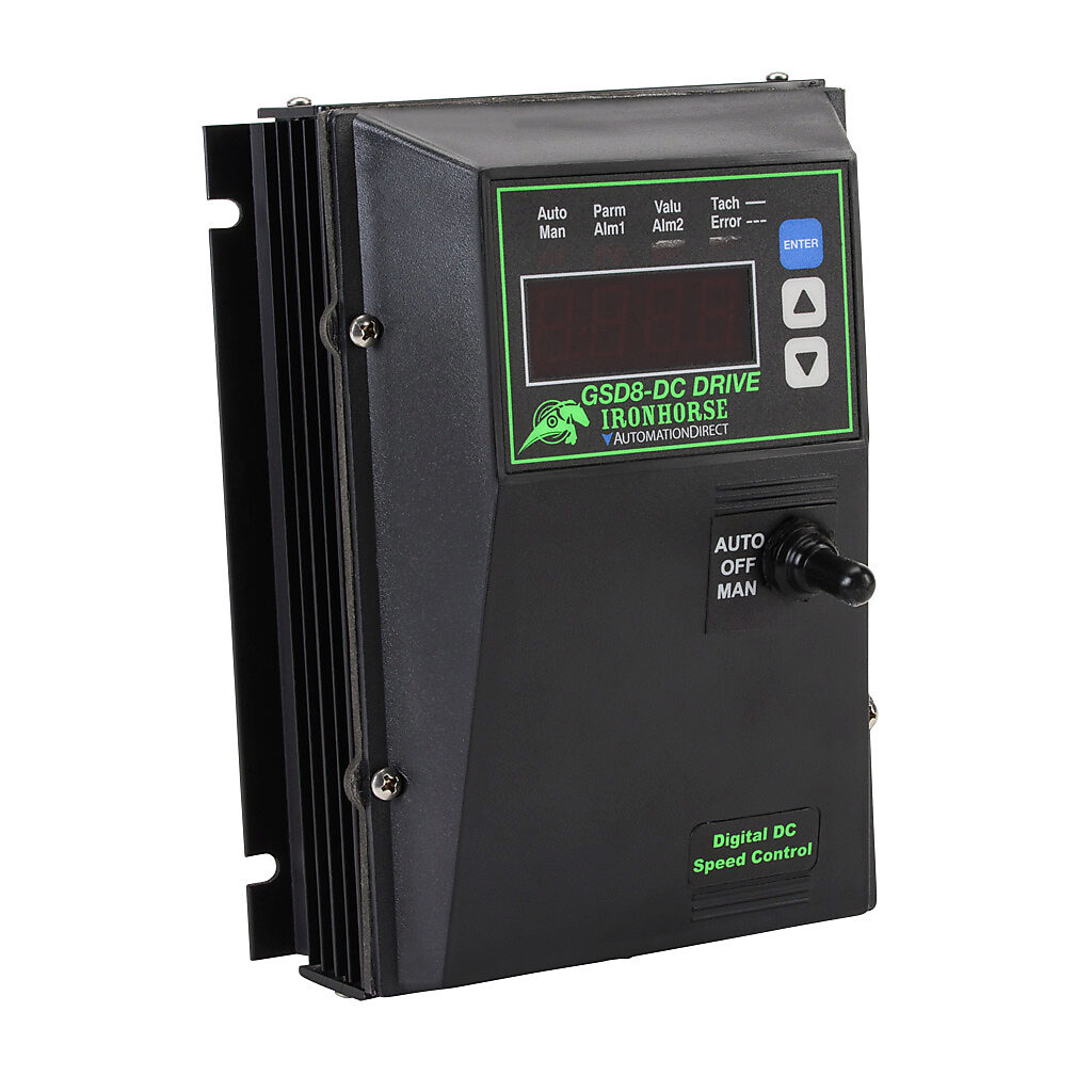 GSD8-240-10N4X-U - IronHorse GSD8 series DC digital drive, 120/240 VAC, 1-phase, 1hp at 90 VDC and 2hp at 180 VDC, 10A, RS-232/RS-485, ASCII, NEMA 4X, wall mount, field-install reverse, high-speed pulse or serial control input, SCR output. Require...