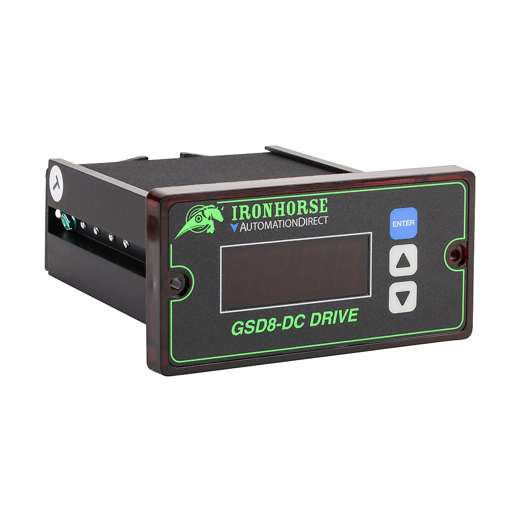 GSD8-240-5C - IronHorse GSD8 series DC digital drive, 120/240 VAC, 1-phase, 1/2hp at 90 VDC and 1hp at 180 VDC, 5A, NEMA 4X, 1/8 DIN mount, field-install reverse, high-speed pulse input, SCR output. Requires encoder.