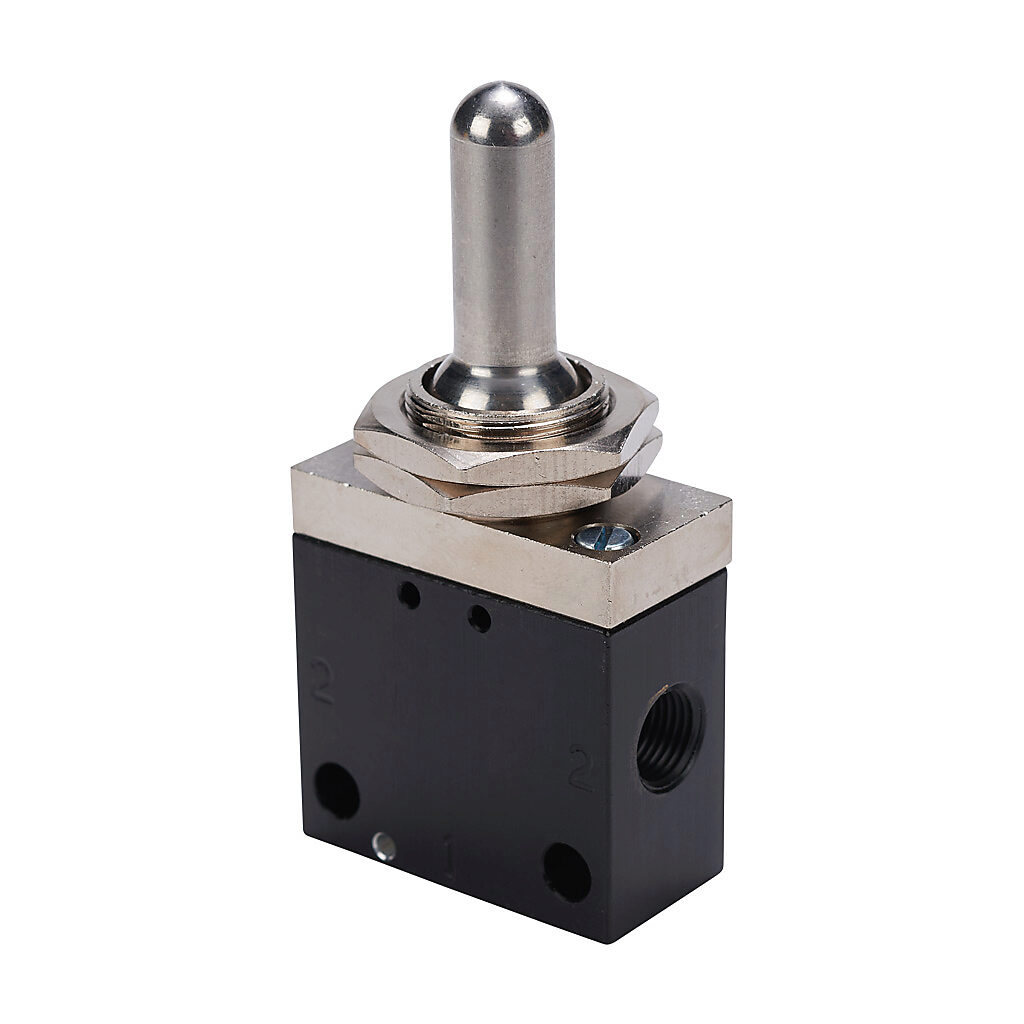 GVS-231F-TM - NITRA pneumatic manual valve, 2-way, 3-position, center closed, toggle style actuator, spring return, 1/8in female NPT inlet(s), 1/8in female NPT outlet(s), Cv=0.54, through panel mount.