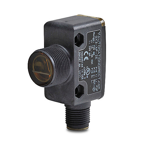 GX3-AP-2E - AutomationDirect photoelectric sensor, rectangular, background suppression, right-angle lens, visible red, 150mm sensing distance, light-on, PNP, 52.6 x 19.1 x 36.1mm body, plastic, 4-pin M12 quick-disconnect.
