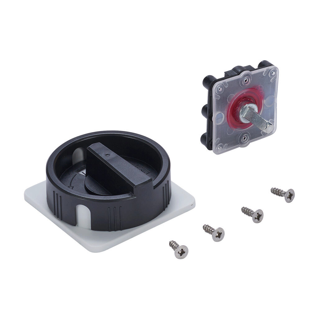 H01B - Merz rotary handle, round, black/gray, external front mount, 2-position, lockable in OFF only, NEMA 4/4X. For use with Merz ML1 switch bodies in DIN rail applications with non-hinged doors. Shaft adapter and mounting screws included.