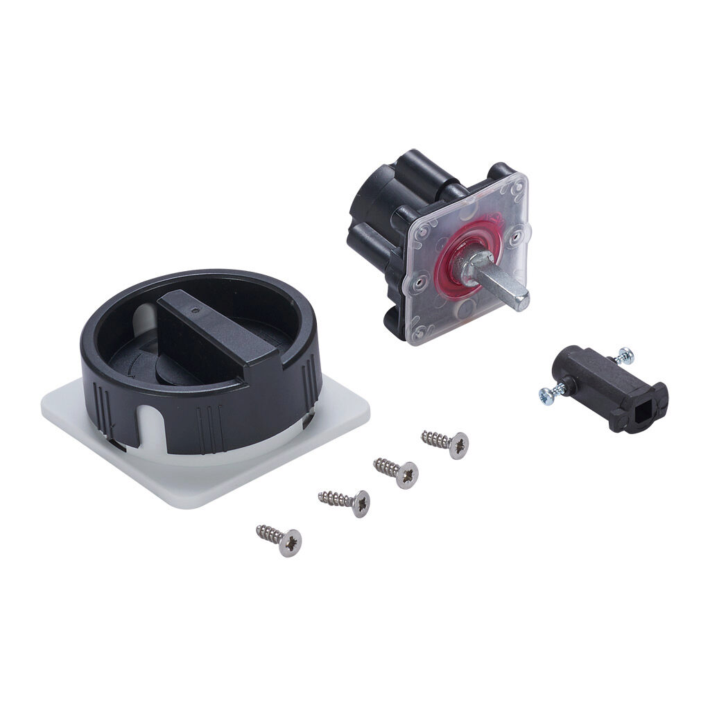 H05B - Merz rotary handle, round, black/gray, external front mount, 2-position, lockable in OFF only, NEMA 4/4X. For use with Merz ML1 switch bodies in DIN rail applications with hinged doors. Shaft adapter and mounting screws included.