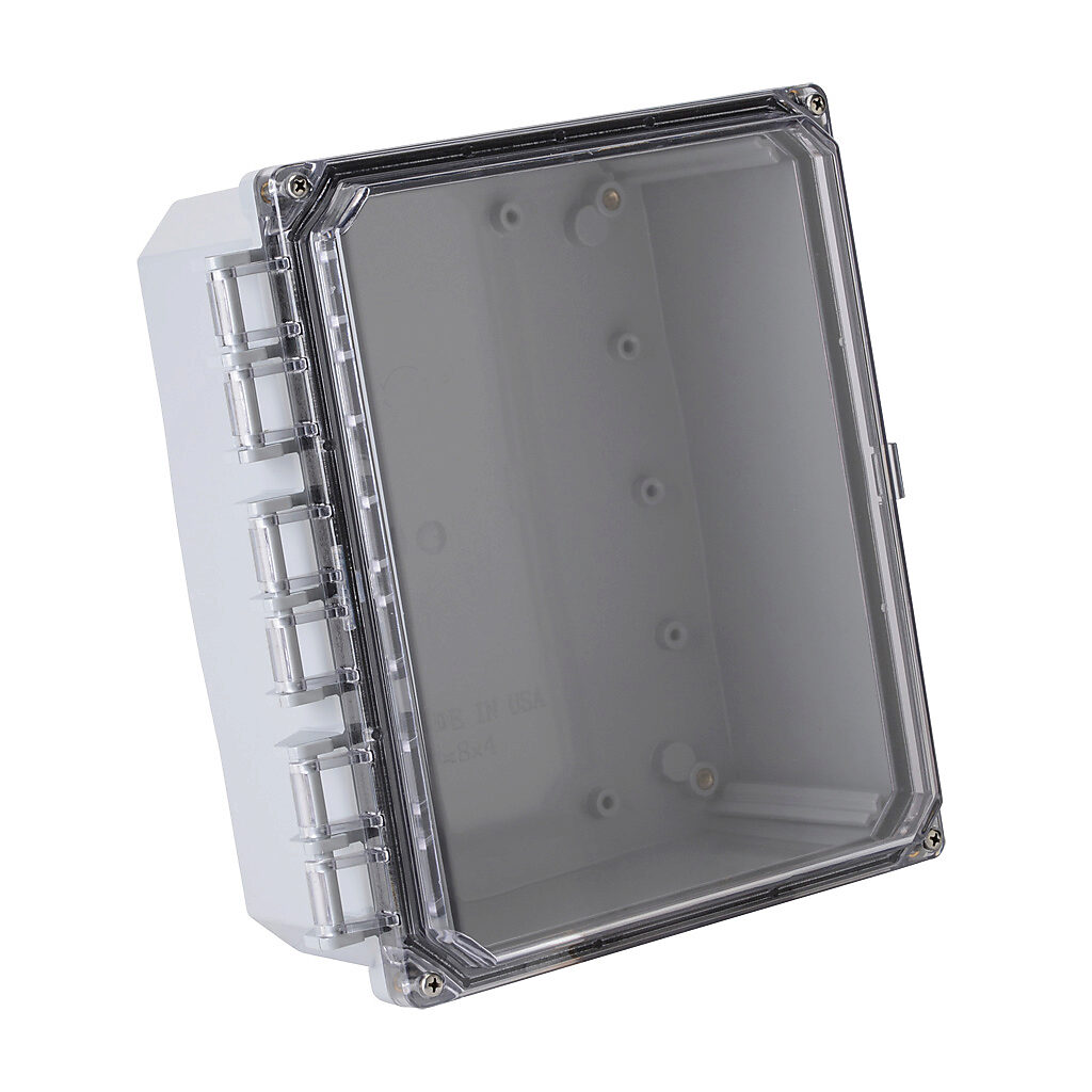 H10084HCF-6P-P10 - Integra Premium series enclosure, NEMA 1/2/3/3R/3S/4/4X/6/6P/12/13, 10 x 8 x 4in (HxWxD), wall mount, polycarbonate, light gray, gloss finish, clear polycarbonate hinged screw cover.