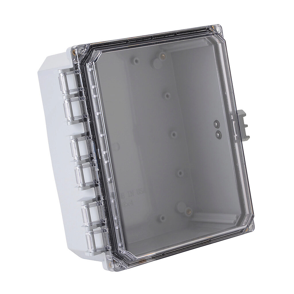 H10084HCFNL-P10 - Integra Premium series enclosure, NEMA 1/2/3/3R/3S/4/4X/12/13, 10 x 8 x 4in (HxWxD), wall mount, polycarbonate, light gray, gloss finish, clear polycarbonate single-door, glass-filled nylon quick-release latch, padlock hasp and s...