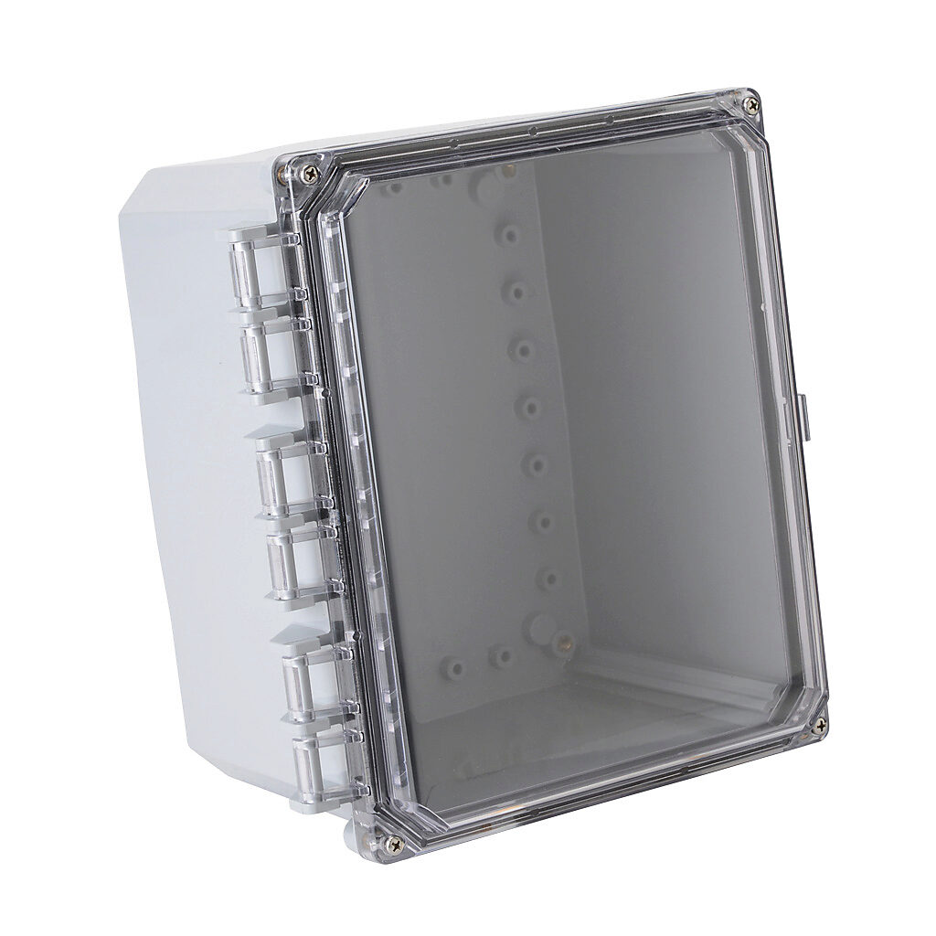 H10086HCF-6P-P10 - Integra Premium series enclosure, NEMA 1/2/3/3R/3S/4/4X/6/6P/12/13, 10 x 8 x 6in (HxWxD), wall mount, polycarbonate, light gray, gloss finish, clear polycarbonate hinged screw cover.