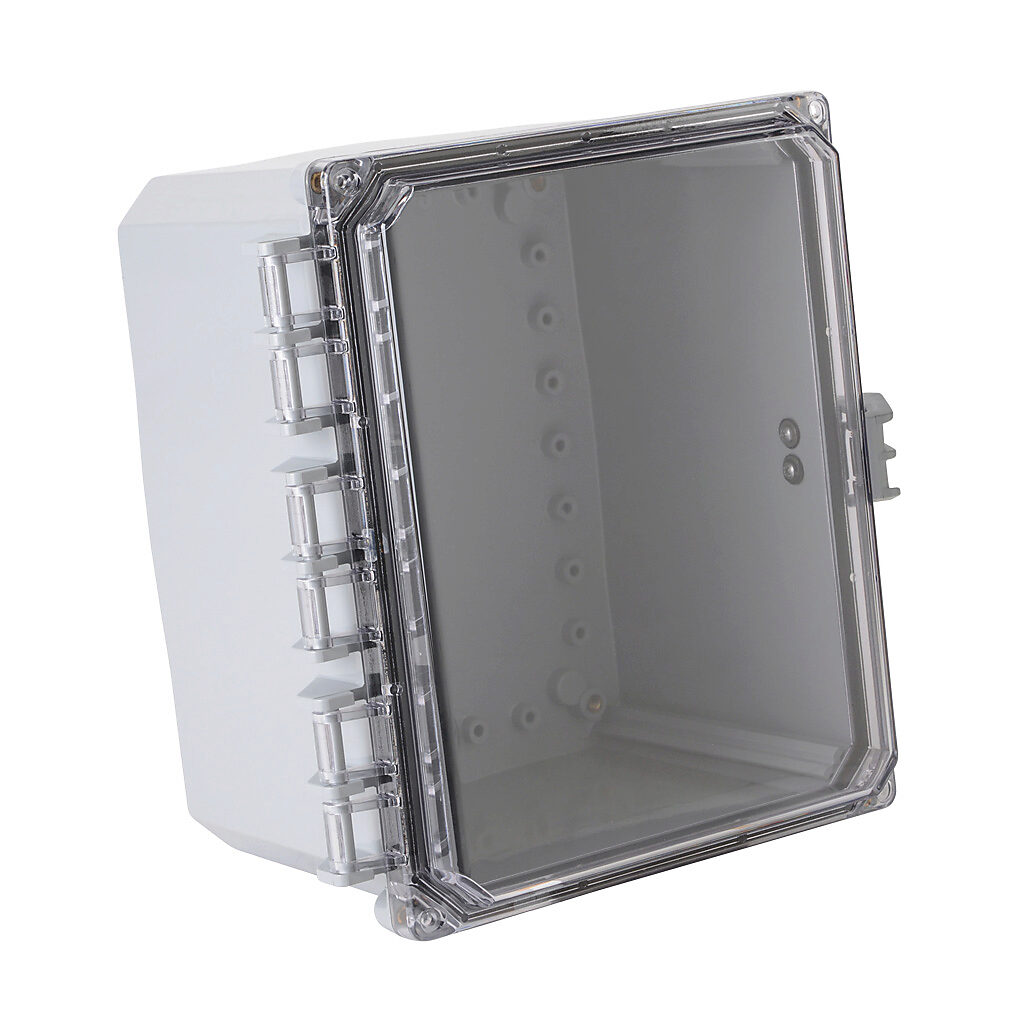 H10086HCFNL-P10 - Integra Premium series enclosure, NEMA 1/2/3/3R/3S/4/4X/12/13, 10 x 8 x 6in (HxWxD), wall mount, polycarbonate, light gray, gloss finish, clear polycarbonate single-door, glass-filled nylon quick-release latch, padlock hasp and s...