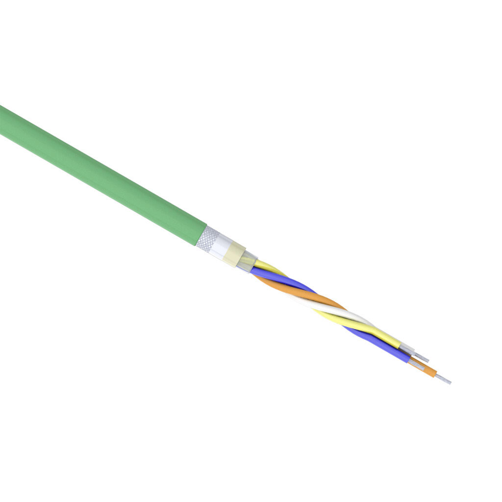 H11007800-1 - Helukabel HELUKAT continuous flexing PROFINET Type R cable, overall shielded, 1 star quad, 22 AWG, 19-stranded, tinned copper, polyolefin conductor insulation material, PUR jacket, green, cut to length.