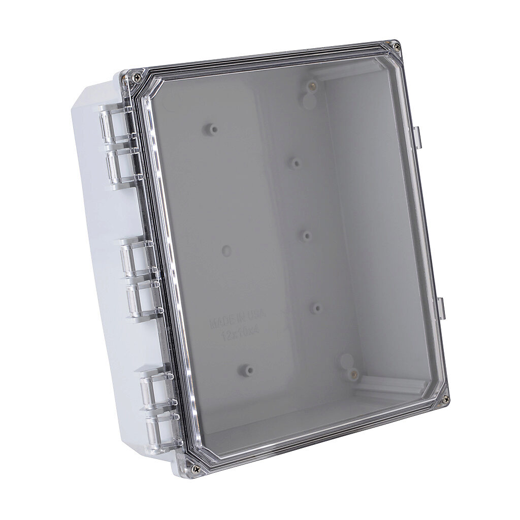 H12104HCF-6P-P10 - Integra Premium series enclosure, NEMA 1/2/3/3R/3S/4/4X/6/6P/12/13, 12 x 10 x 4in (HxWxD), wall mount, polycarbonate, light gray, gloss finish, clear polycarbonate hinged screw cover.