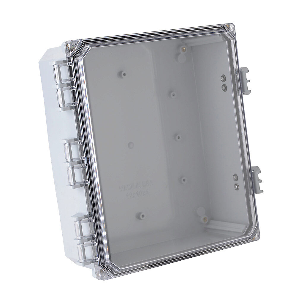H12104HCFNL-P10 - Integra Premium series enclosure, NEMA 1/2/3/3R/3S/4/4X/12/13, 12 x 10 x 4in (HxWxD), wall mount, polycarbonate, light gray, gloss finish, clear polycarbonate single-door, glass-filled nylon quick-release latch, padlock hasp and ...