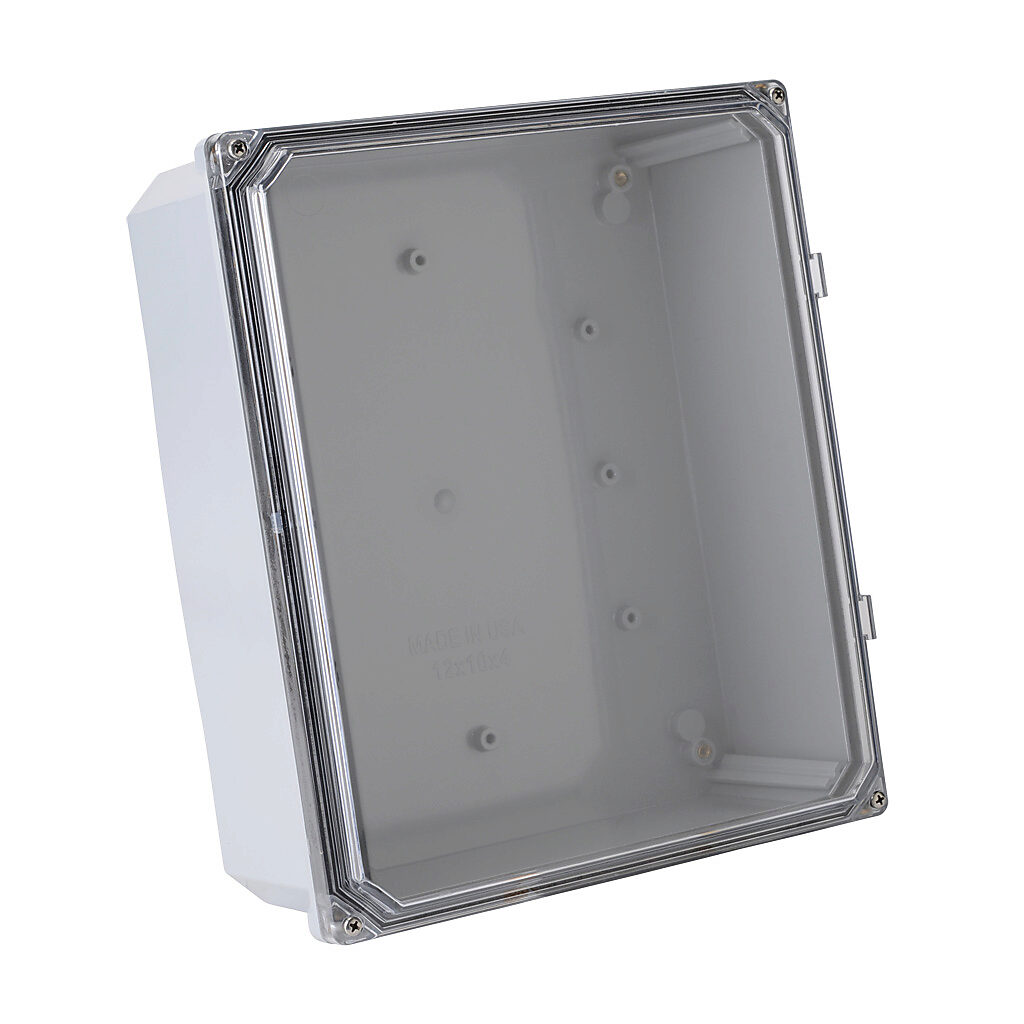 H12104SCF-P10 - Integra Premium series enclosure, NEMA 1/2/3/3R/3S/4/4X/6/6P/12/13, 12 x 10 x 4in (HxWxD), wall mount, polycarbonate, light gray, gloss finish, clear polycarbonate screw cover.