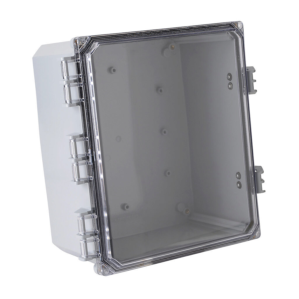 H12106HCFNL-P10 - Integra Premium series enclosure, NEMA 1/2/3/3R/3S/4/4X/12/13, 12 x 10 x 6in (HxWxD), wall mount, polycarbonate, light gray, gloss finish, clear polycarbonate single-door, glass-filled nylon quick-release latch, padlock hasp and ...