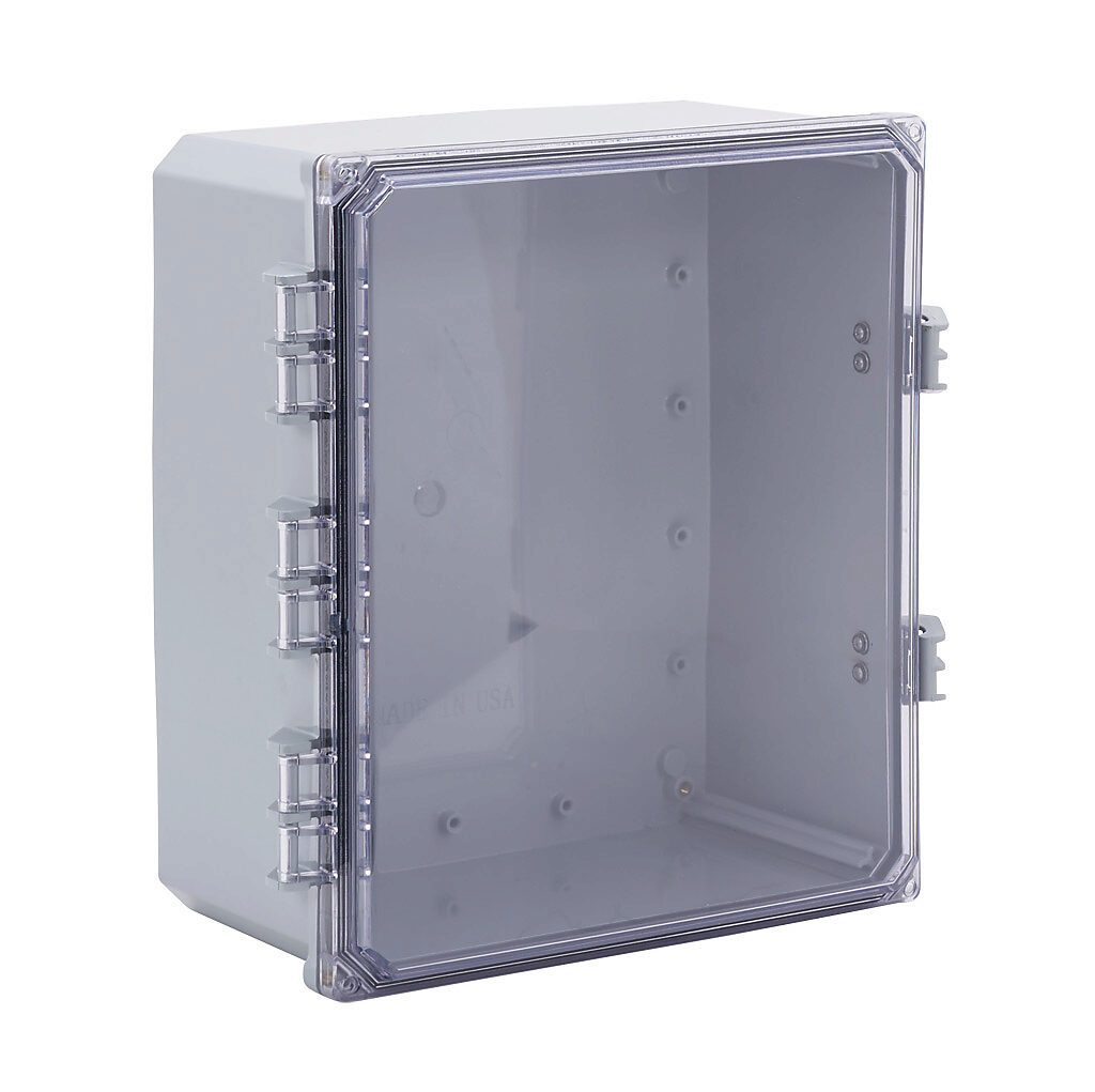 H141206HCFNL-P10 - Integra Premium series enclosure, NEMA 1/2/3/3R/3S/4/4X/5/12/13, 14 x 12 x 6in (HxWxD), wall mount, polycarbonate, gray, gloss finish, clear polycarbonate single-door, glass-filled nylon quick-release latch, padlock hasp and sta...