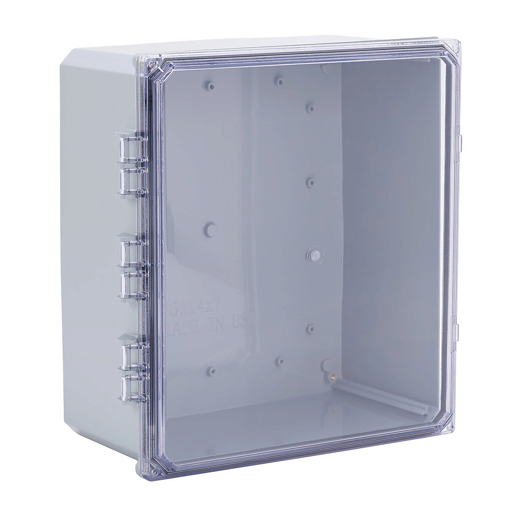 H161407HCF-6P-P10 - Integra Premium series enclosure, NEMA 1/2/3/3R/3S/4/4X/5/6/6P/12/13, 16 x 14 x 7in (HxWxD), wall mount, polycarbonate, gray, gloss finish, clear polycarbonate hinged screw cover.