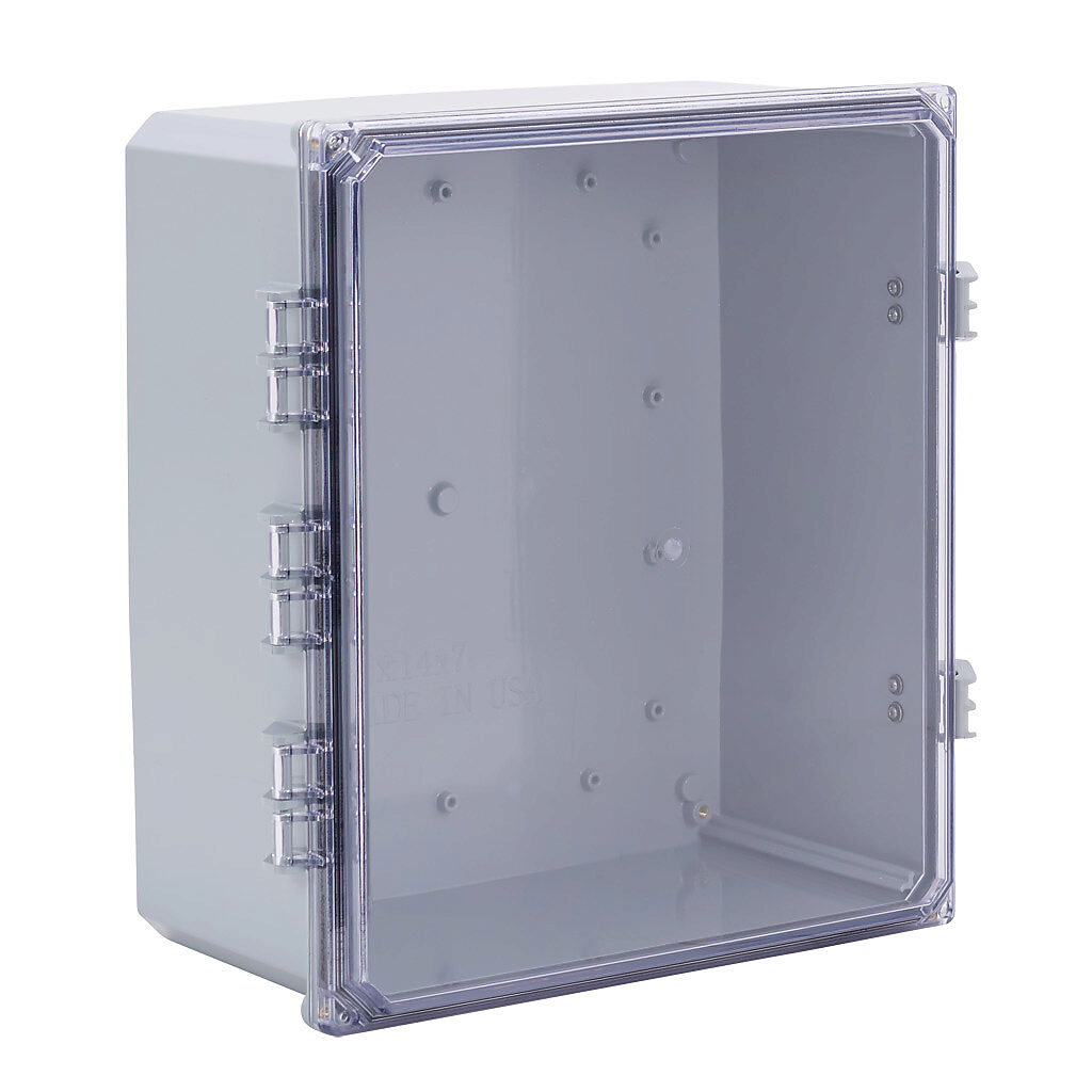 H161407HCFNL-P10 - Integra Premium series enclosure, NEMA 1/2/3/3R/3S/4/4X/5/12/13, 16 x 14 x 7in (HxWxD), wall mount, polycarbonate, gray, gloss finish, clear polycarbonate single-door, glass-filled nylon quick-release latch, padlock hasp and sta...