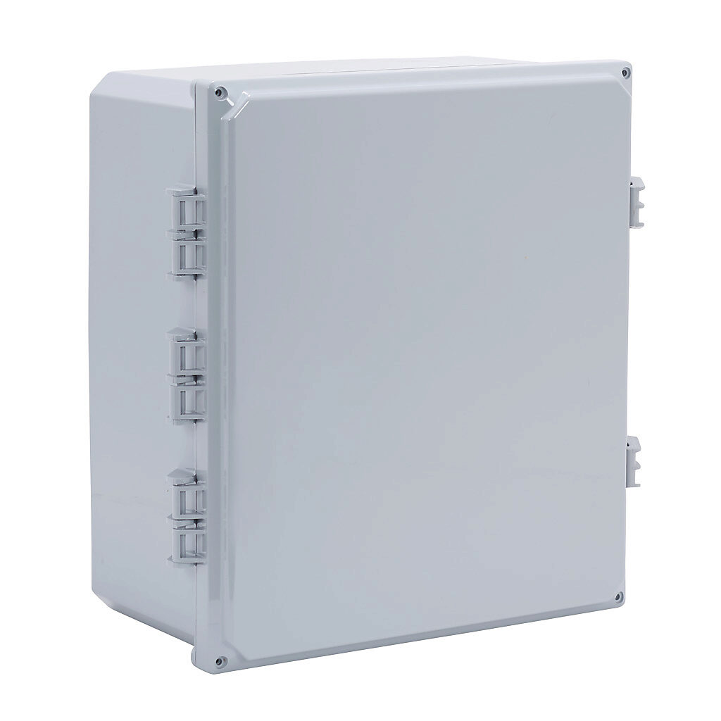 H161407HFNL-P10 - Integra Premium series enclosure, NEMA 1/2/3/3R/3S/4/4X/5/12/13, 16 x 14 x 7in (HxWxD), wall mount, polycarbonate, gray, gloss finish, single-door, glass-filled nylon quick-release latch, padlock hasp and staple.