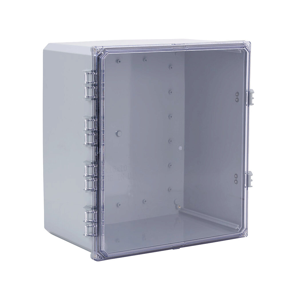 H181610HCFNL-P10 - Integra Premium series enclosure, NEMA 1/2/3/3R/3S/4/4X/5/12/13, 18 x 16 x 10in (HxWxD), wall mount, polycarbonate, gray, gloss finish, clear polycarbonate single-door, glass-filled nylon quick-release latch, padlock hasp and st...