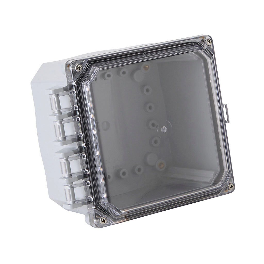 H6064HCF-6P-P10 - Integra Premium series enclosure, NEMA 1/2/3/3R/3S/4/4X/6/6P/12/13, 6 x 6 x 4in (HxWxD), wall mount, polycarbonate, light gray, gloss finish, clear polycarbonate hinged screw cover.