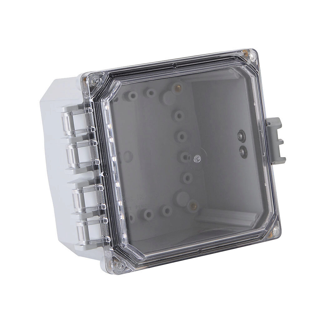 H6064HCFNL-P10 - Integra Premium series enclosure, NEMA 1/2/3/3R/3S/4/4X/12/13, 6 x 6 x 4in (HxWxD), wall mount, polycarbonate, light gray, gloss finish, clear polycarbonate single-door, glass-filled nylon quick-release latch, padlock hasp and sta...