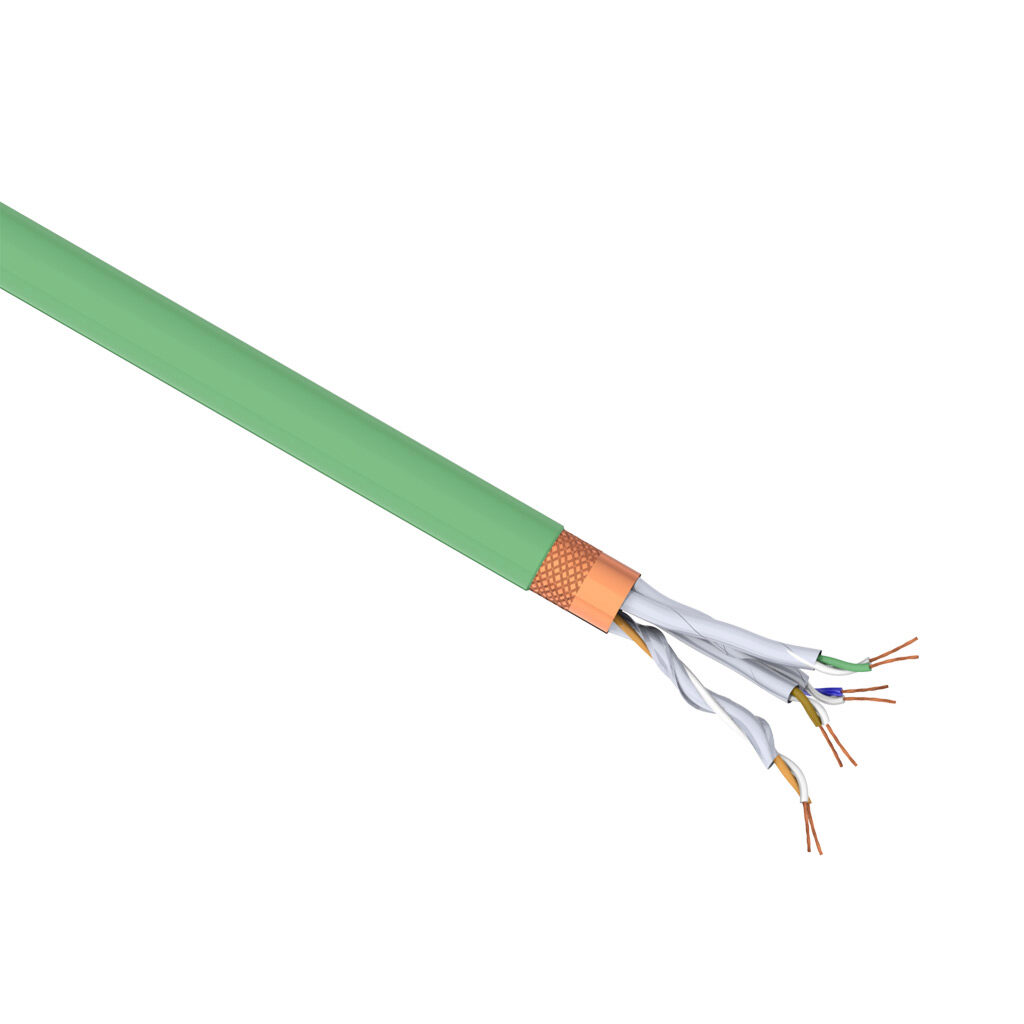 H800067-1 - Helukabel HELUKAT continuous flexing Cat5 industrial Ethernet cable, individual and overall shielded, 4 twisted pairs, 26 AWG, 19-stranded, bare copper, polypropylene conductor insulation material, PUR jacket, green, cut to length.