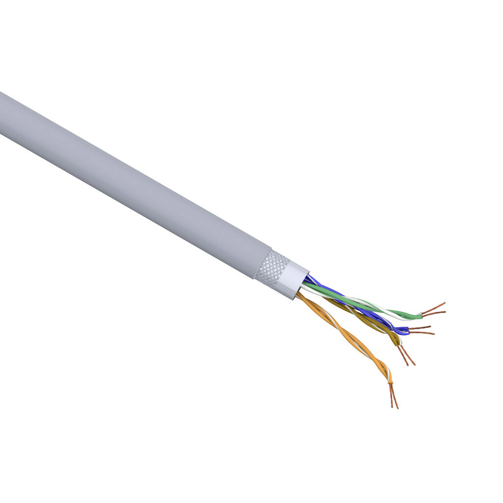 H800068-1 - Helukabel HELUKAT flexible Cat5e industrial Ethernet cable, overall shielded, 4 twisted pairs, 26 AWG, 7-stranded, bare copper, polyolefin conductor insulation material, PUR jacket, gray, cut to length.